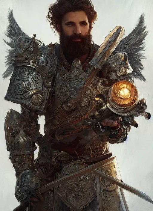 Prompt: A Human Male Paladin holding a flaming sword, shaggy hair, scruffy beard, glowing white eyes, medium armor, wings, fantasy, intricate, elegant, highly detailed, digital painting, artstation, concept art, smooth, sharp focus, illustration, art by Krenz Cushart and Artem Demura and alphonse mucha