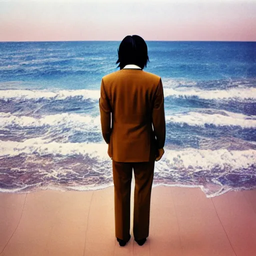 Prompt: japanese man with long hair in a beige suit standing in the ocean looking at the camera, wide shot, far away, zoomed out, distance shot, sunset, centered, album cover, tatsuro yamashita, 1980, ride on time