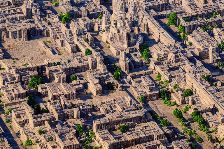 Prompt: the city of ur, with its ziggurat, tilt - shift photography, finely detailed, award - winning, 8 k,