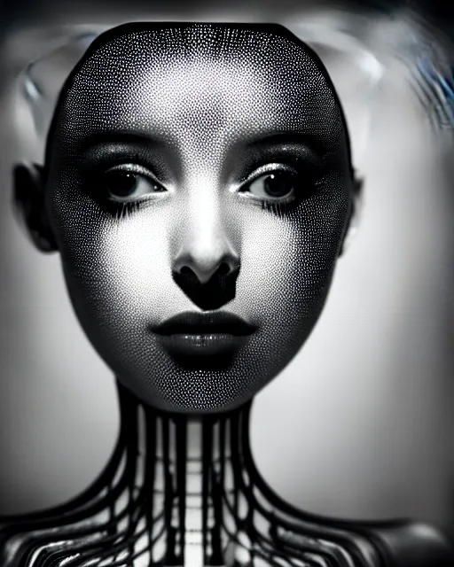 Image similar to black and white high quality photo of a beautiful female AI vegetal-cyborg looking into a sci-fi mirror, volumetric lighting, liminal space, brutalism, foggy, dreamy, hyperdetailed, bokeh, photorealistic, cinematic, masterpiece, Metropolis, elegant, dark, by Man Ray in the style of Horst P. Horst, octane render, 8K,