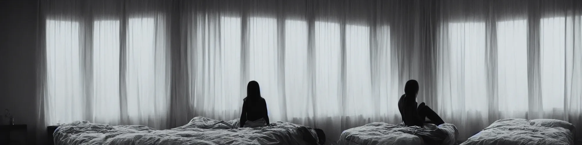 Image similar to woman sitting on bed, looking out the window, minimalistic room, soft light coming from outside, cold atmosphere, shot by fincher