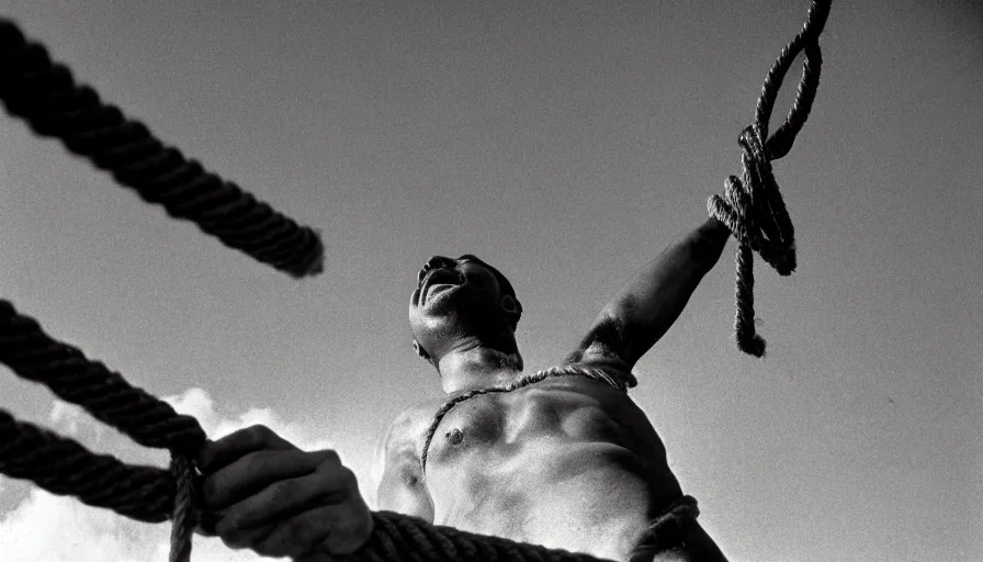 Image similar to 1 9 6 0 s movie still close - up of marcus atilius regulus tied with ropes at pole in direction of the burning sun with blood flowing off his eyes cinestill 8 0 0 t 3 5 mm b & w, high quality, heavy grain, high detail, texture, dramatic light, anamorphic, hyperrealistic, detailed hair