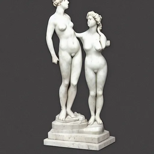 Prompt: sculpture of venus de milo and aphrodite kissing, hyperrealistic style in carrara marble