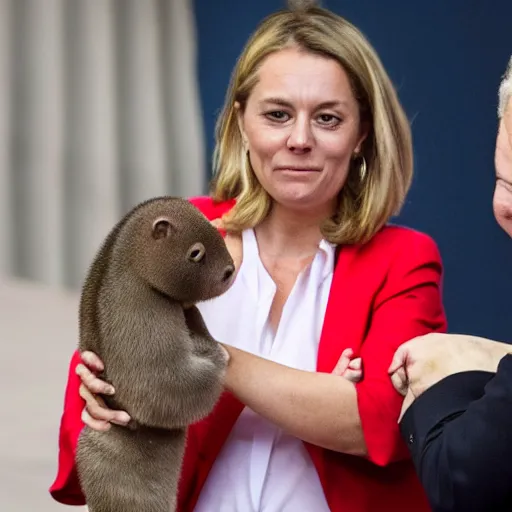 Prompt: Danish prime minister Mette Frederiksen bitten by a mink