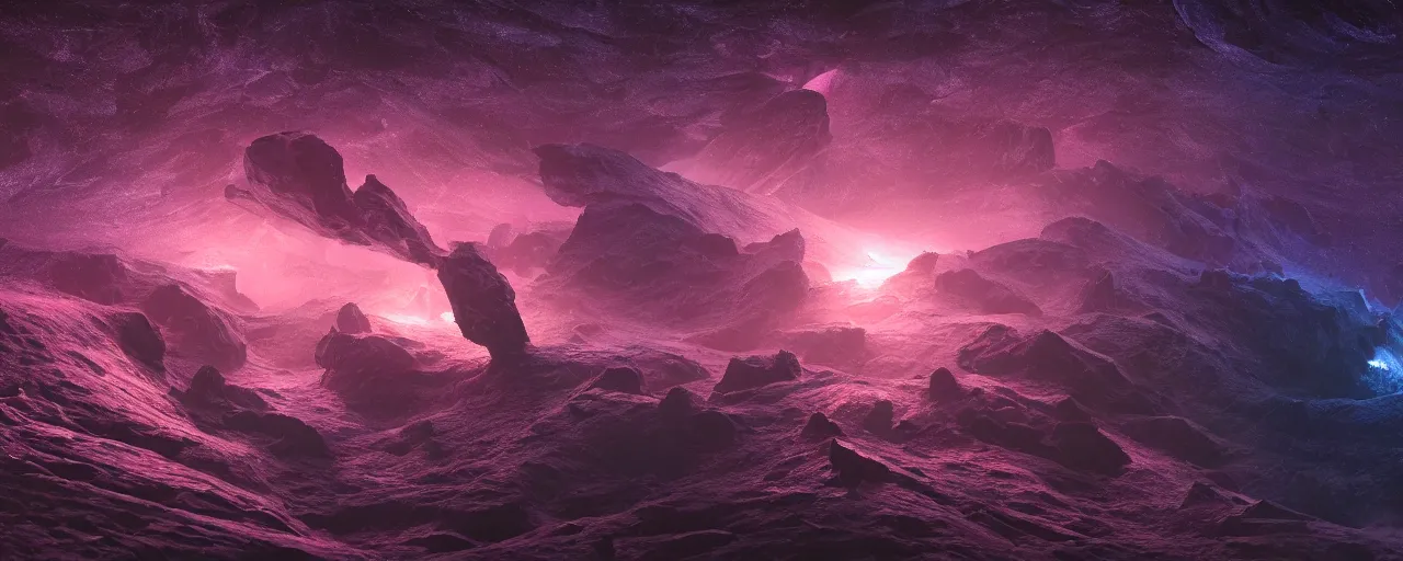 Image similar to dark galaxy panorama, fluid simulation, realistic lighting, dynamic lighting, space hive, octane render, houdini simulation, volumetric lighting, chiaroscuro, minimalist, color graded, cinematic lighting, deep, cinematic, bokeh, cinematic lut, by wayne barlowe