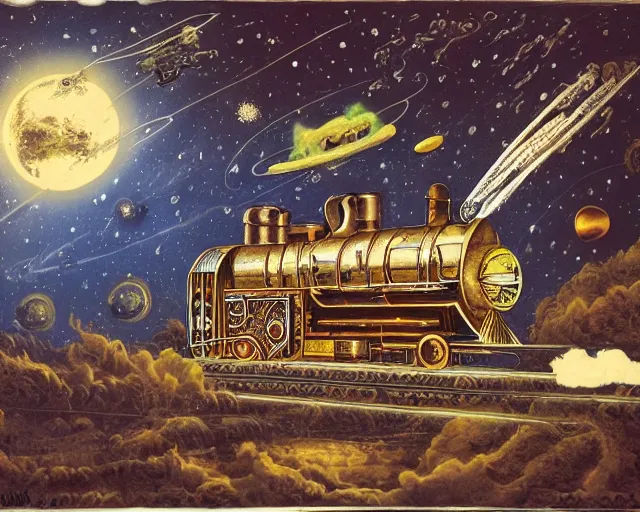 Image similar to Space with steampunk train in space, by michelangelo