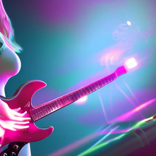 Image similar to women playing guitar, televisions, artstation, details, volumetric light, futuristic, pastel