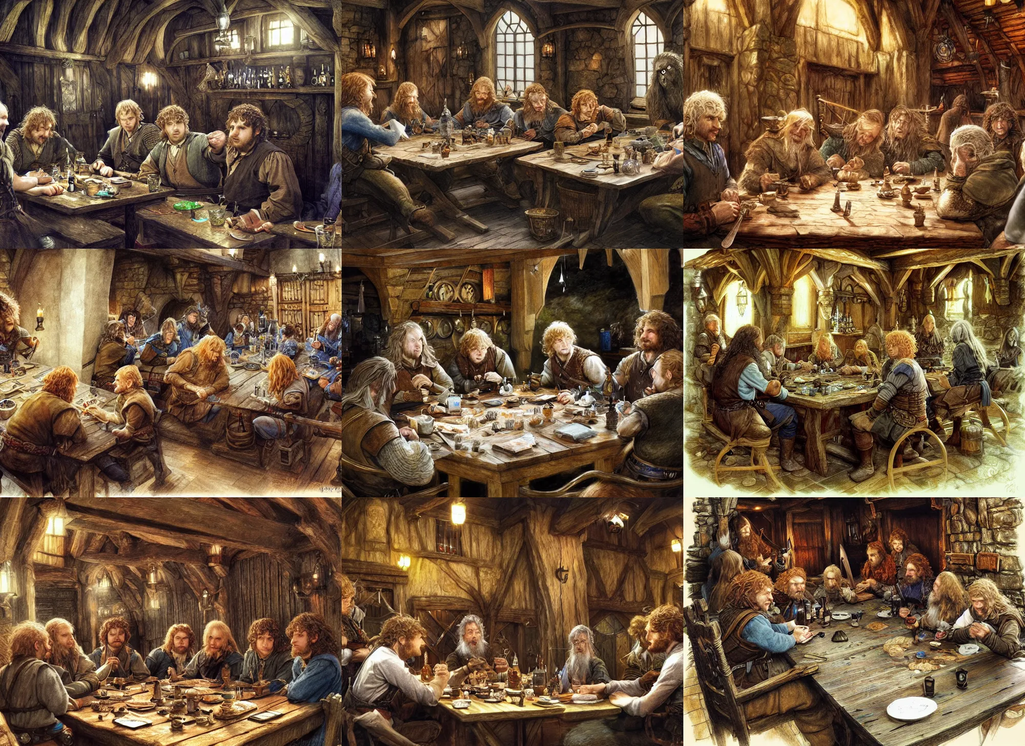 Prompt: hobbits playing d & d in a tavern, by alan lee, intricate, highly detailed furnishings, digital painting, artstation