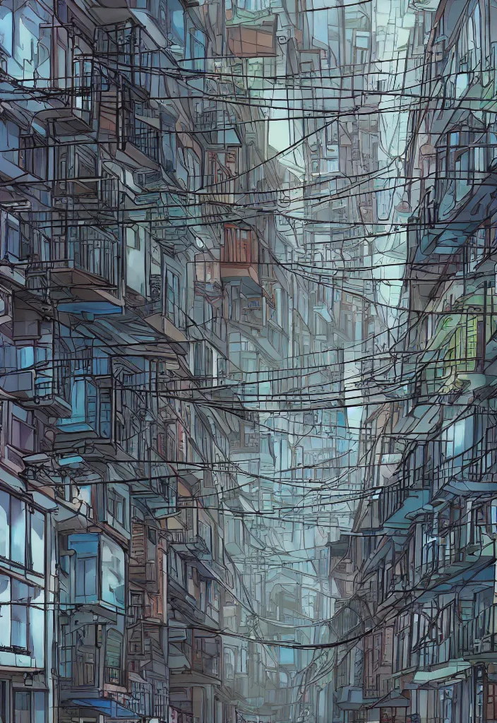 Image similar to DMT city, back alley full of balconies and fire escapes and air conditioners and power lines, anime style cell shader concept art