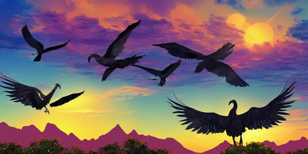 Image similar to large birds with giant wings flying over tropical islands with mountains and sunset sky, HD, 4K, digital art style