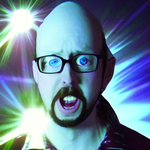 Image similar to Evil Nostalgia Critic Doug Walker furious mad with glowing eyes, lens flare, bloom