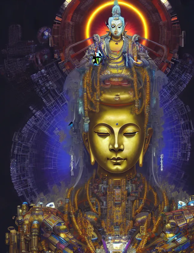 Image similar to a epic sakyamuni, the founder of buddhism in cyberpunk style temple, dystopian, cyberpunk, organic fractal mycelum and fungi, mecha, halfturn portrait of a big crystal face made of crystals half - turn, ominous, intricate, studio, art by anthony macbain + greg rutkowski + alphonse mucha, concept art, 4 k, sharp focus