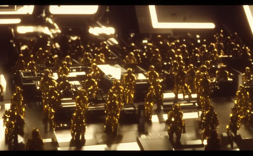 Image similar to screenshot portrait of Luke Skywalker with a fleet of a dozen chrome C-3P0 droids, iconic scene from 1980s film by Stanley Kubrick, 4k, cinematic still frame, surreal sci fi architecture, portrait photoreal, detailed face, moody lighting, stunning cinematography, hyper detailed, sharp, anamorphic lenses, kodak color film stock