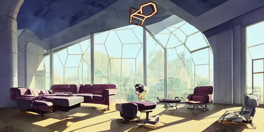 Prompt: a beautiful illustration of futuristic interior studio, lots of furniture, sofa, waiting room, big medium small, sacred geometry, golden ratio, in watercolor gouache detailed paintings, in style of syd mead, trending on artstation, 8 k, panel, hard surface, wallpaper, zaha hadid, scattered props, plant, cozy, decoration, simon stalenhag, deus ex