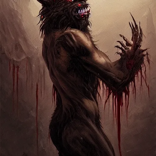 Image similar to Dark Fantasy Painting of a werewolf with blood dripping from its mouth, creepy, unsettling, horror, upper body, intricate, wild, highly detailed, digital painting, artstation, concept art, smooth, sharp focus, illustration, art by artgerm and greg rutkowski and alphonse mucha