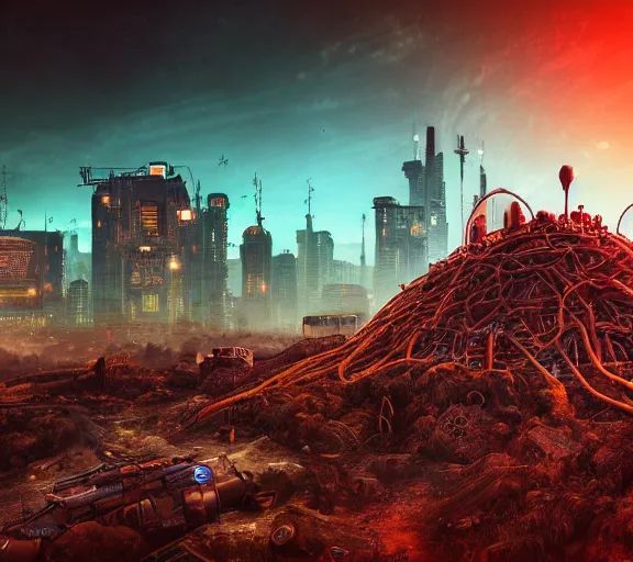 Image similar to a detailed anthill seen from the inside as a big city, cyberpunk, fallout 5, studio lighting, deep colors, apocalyptic setting, city at night, sky view