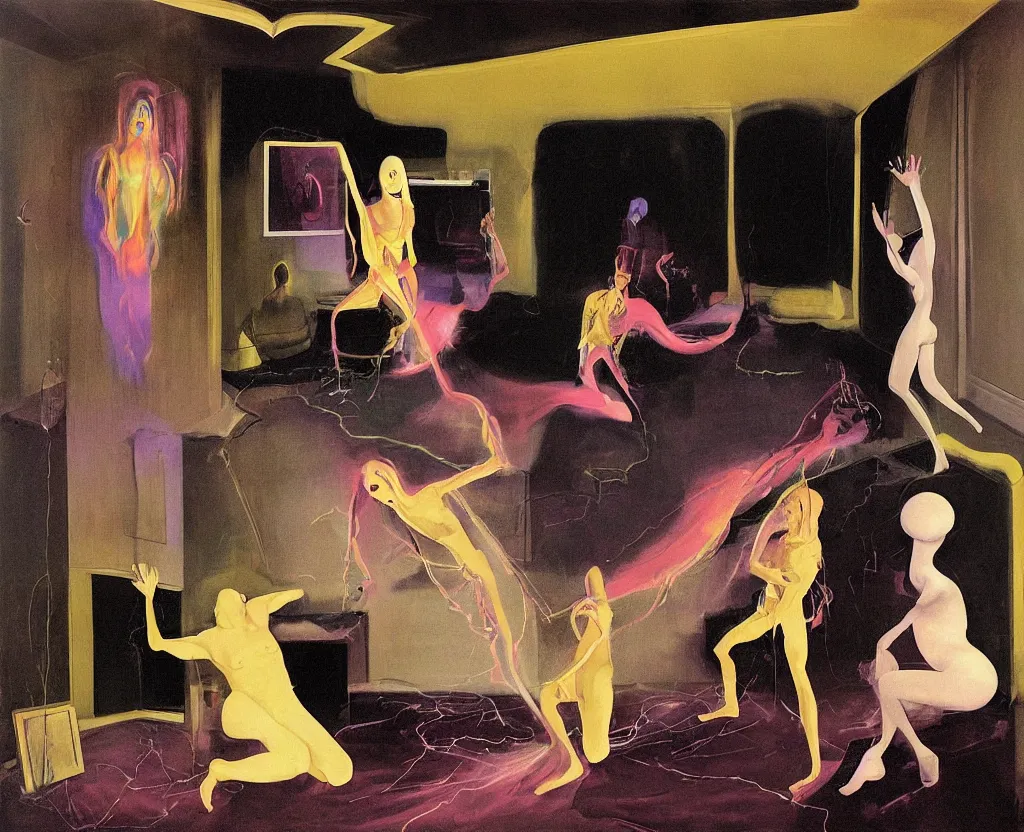 Image similar to Man and woman start to bounce in a living room of a house, floating dark energy surrounds the middle of the room. There is one living room plant to the side of the room, surrounded by a background of dark cyber mystic alchemical transmutation heavenless realm, cover artwork by francis bacon and Jenny seville, midnight hour, part by adrian ghenie, part by jeffrey smith, part by josan gonzales, part by norman rockwell, part by phil hale, part by kim dorland, palette knife texture, paint drip, artstation, highly detailed