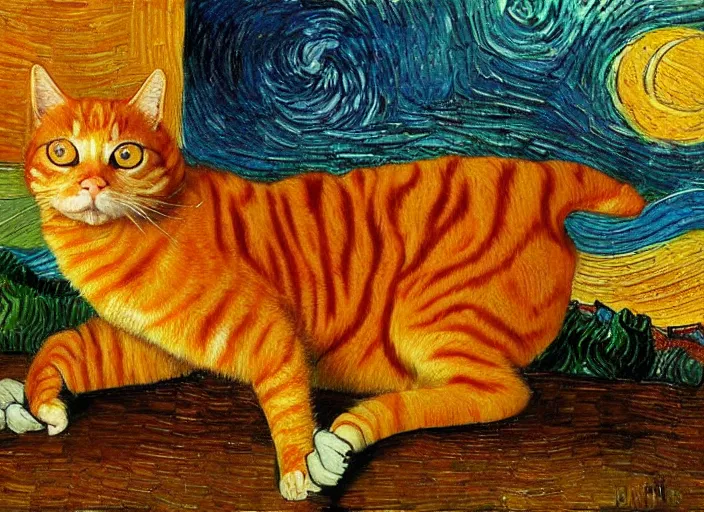 Prompt: detailed realistic realism painting of hybrid between orange tabby cat and lasagna, at dusk, in the style of vincent van gogh and salvador dali and leonardo da vinci