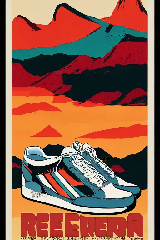 Prompt: vintage travel poster for retro sneaker