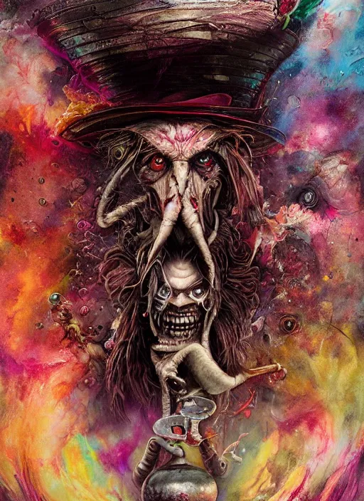 Image similar to mad hatter, alien, highly detailed, cinematic, 8 k, by megan duncanson, benjamin lacombe, adrian borda, stanley artgermm, tom bagshaw, craig mullins, carne griffiths, ayami kojima, beksinski, giger, trending on deviantart, hyper detailed, horror, full of colour