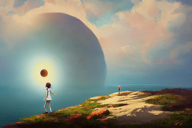 Image similar to giant white daisy flower head, girl walking on cliff, surreal photography, solar eclipse, milky way, dramatic light, impressionist painting, clouds, digital painting, artstation, simon stalenhag