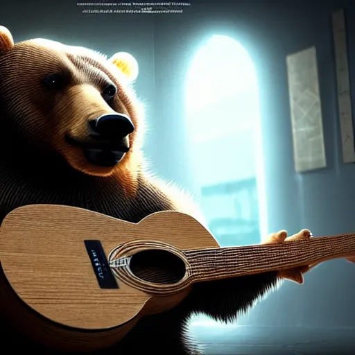 Image similar to realistic bear holding a (wooden triangle + guitar neck + sound hole ) and playing it like a guitar in an abandoned and desecrated hallway in a cyberpunk lab, ultra realistic, concept art, intricate details, eerie, highly detailed, photorealistic, octane render, 8k, unreal engine, art by Vita Wen