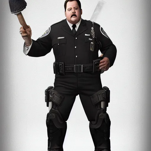 Image similar to paul blart as mall cop holding a plunger, ultra realistic, concept art, intricate details, highly detailed, photorealistic, octane render, 8 k, unreal engine, art by frank frazetta, simon bisley, brom