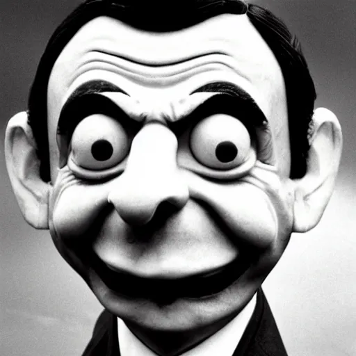 Prompt: 1980s archival photo of Mr Bean smiling sinisterly with a mushroom cloud behind him