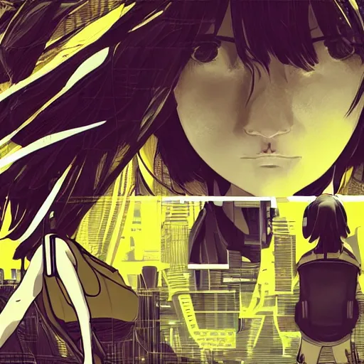 Image similar to Frequency indie album cover, luxury advertisement, yellow filter. Clean and detailed post-cyberpunk sci-fi close-up schoolgirl in asian city in style of cytus and deemo, blue flame, relaxing, calm and mysterious vibes, by Tsutomu Nihei, by Yoshitoshi ABe, by Ilya Kuvshinov, by Greg Tocchini, nier:automata, set in half-life 2, Matrix, GITS, Blade Runner, Neotokyo Source, Syndicate(2012), dynamic composition, beautiful with eerie vibes, very inspirational, very stylish, with gradients, surrealistic, dystopia, postapocalyptic vibes, depth of field, mist, rich cinematic atmosphere, perfect digital art, mystical journey in strange world, beautiful dramatic dark moody tones and studio lighting, shadows, bastion game, arthouse