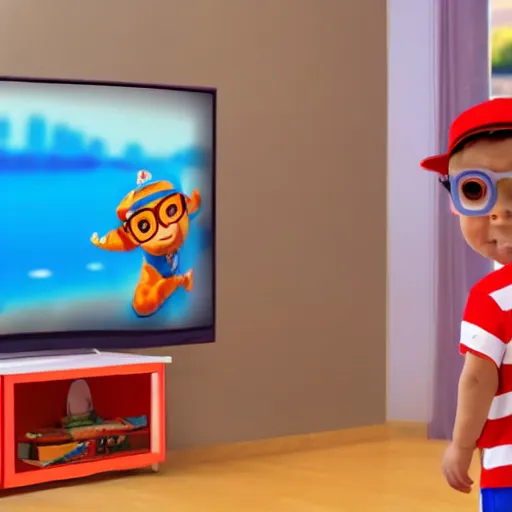 Image similar to baby watching blippi on tv, photorealistic, 8 k