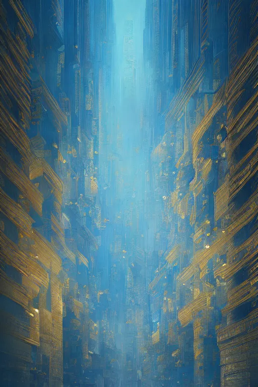 Image similar to art deco patterns, blue and gold, 8 k, powerfull, intricate, elegant, volumetric lighting, scenery, digital painting, highly detailed, artstation, sharp focus, illustration, concept art, ruan jia, steve mccurry, beksinski