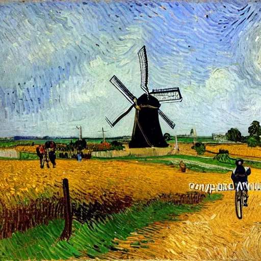 Prompt: the dutch landscape with traditional windmills standing next to a lake, lots of bicycles and a man drinken beer by Vincent van Gogh,