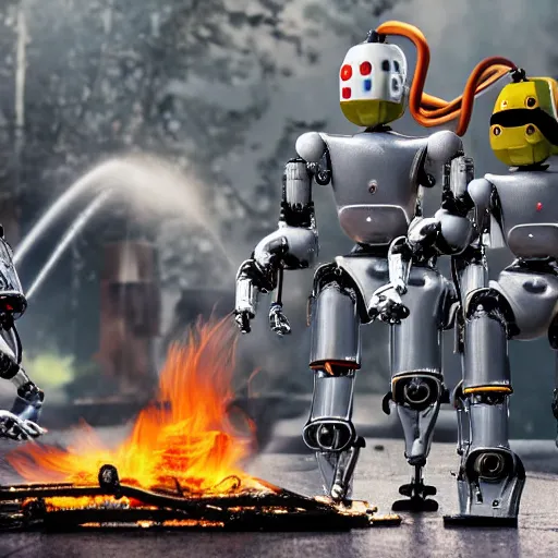 Image similar to Robot workers dancing around a fire