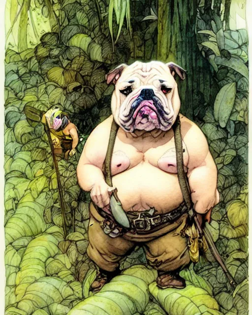 Image similar to a realistic and atmospheric watercolour fantasy character concept art portrait of a fat adorable chibi bulldog soldier in the jungle, by rebecca guay, michael kaluta, charles vess and jean moebius giraud