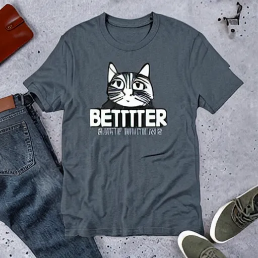 Prompt: a bandshirt that says the word bitbetter, worn by a cat