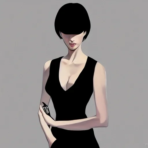 Image similar to slim girl in tuxedo with short black hair, elegant, 2d, ultra highly detailed, digital painting, smooth, sharp focus, artstation, art by Ilya Kuvshinov