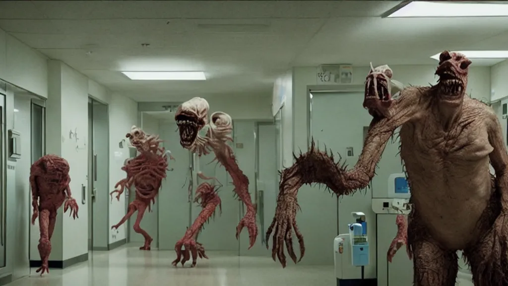 Prompt: monsters invade the hospital, film still from the movie directed by denis villeneuve and david cronenberg with art direction by salvador dali