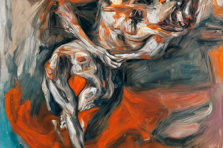 Image similar to high quality high detail painting of a ballerina in agony by lucian freud and jenny saville and francis bacon, hd, dark demonic dancer, turquoise and orange