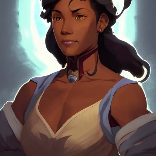 Image similar to Portrait of Avatar Korra, Legend of Korra, melanated brown skin, afro, black intricate, elegant, highly detailed, digital painting, artstation, concept art, smooth, sharp focus, illustration, art by artgerm and greg rutkowski and alphonse mucha