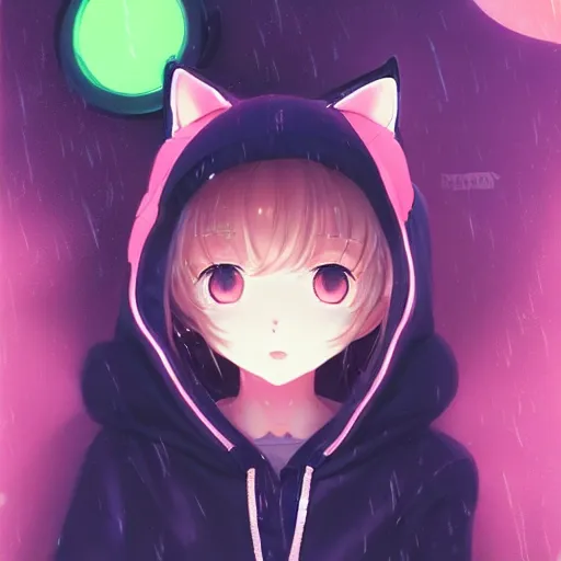 Download White Anime Girl With Cat Hoodie Wallpaper | Wallpapers.com