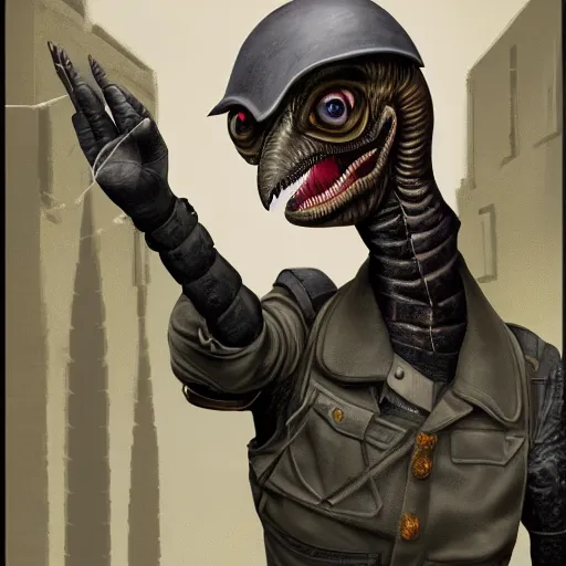 Prompt: a detailed matte painting of a aetherpunk cyborg velociraptor wearing a beret, in nazi occupied france, french resistance, 8 k, artstation, art in a noir crime novel style