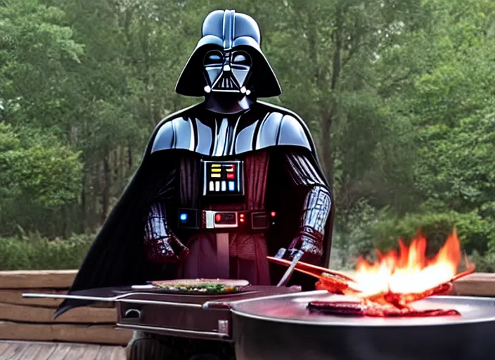 Image similar to film still of Darth Vader cooking on an outdoor grill in the new Star Wars movie, 4k