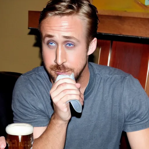 Prompt: Ryan Gosling drinks a huge mug of beer