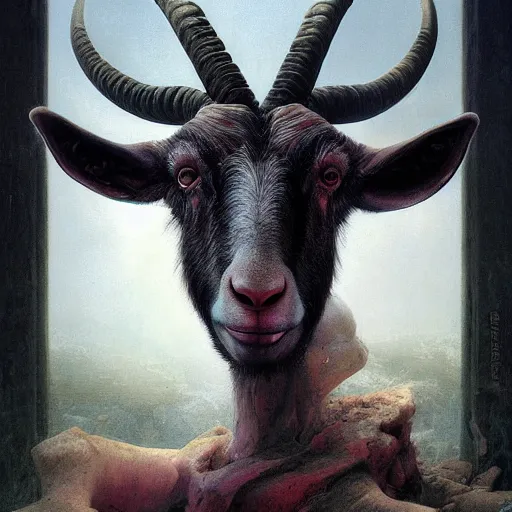 Image similar to vladimir putin, anthropomorphic goat transformation putin, putin hybrid, macabre, horror, by donato giancola and greg rutkowski and wayne barlow and zdzisław beksinski, digital art