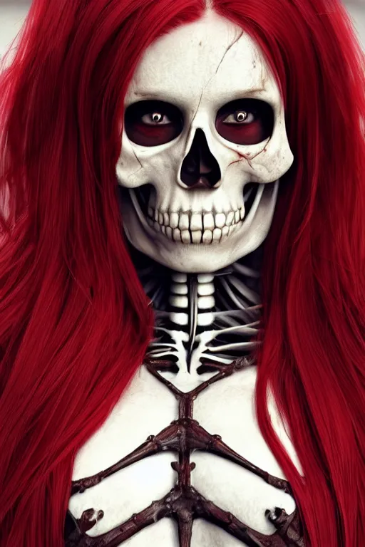 Image similar to skeleton black bones!!, covered with blood, jessica nigri face!!, long red hair, ultra realistic, concept art, intricate details, highly detailed, photorealistic, octane render, 8 k, unreal engine. retro film still, heavy grain, 3 5 mm, art by artgerm and greg rutkowski and alphonse mucha