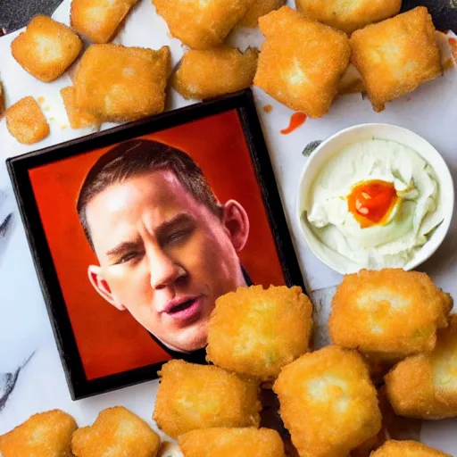 Image similar to food photo of channing tatum's face on top of giant tater tot on a plate with ketchup