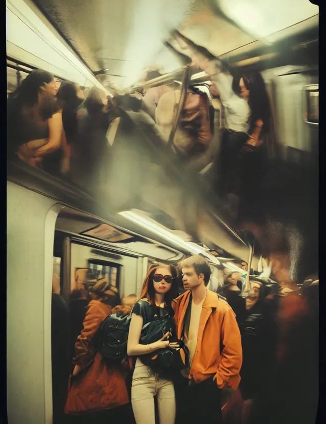 Image similar to wide angle, polaroid photograph with flash, in nyc subway couple of man and woman surrounded by aura light, cool colors, bleached, kodak film stock, hyper real, stunning moody cinematography, with anamorphic lenses, by maripol, detailed