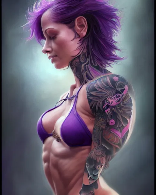 Prompt: cute female tattooist, perfect face, black halter top, purple hair, abs, cinematic, stunning, athletic, strong, agile, highly detailed, psychedelic, digital painting, artstation, smooth, hard focus, illustration, art by jessica rossier and and brian froud