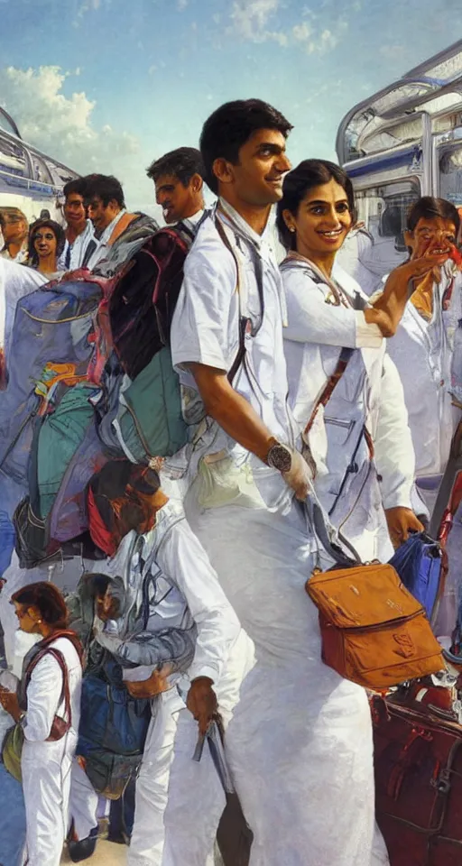 Image similar to close up of young Indian doctors in scrubs disembarking at Heathrow, sun shining, photo realistic illustration by greg rutkowski, thomas kindkade, alphonse mucha, loish, norman rockwell.