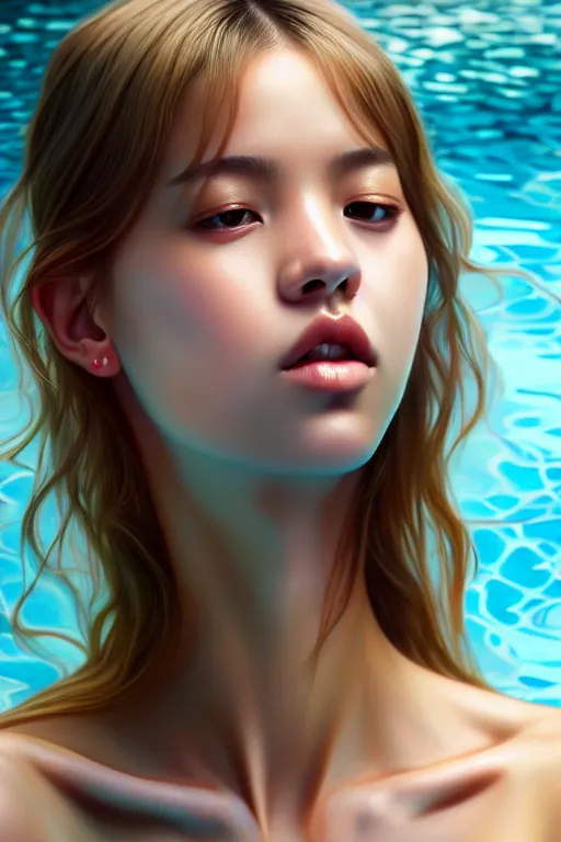 Image similar to beautiful half body digital painting of lalisa, face emerging from pool of water with high detail, 8 k, stunning detail, photo by artgerm, greg rutkowski and alphonse mucha, unreal engine 5, 4 k uhd